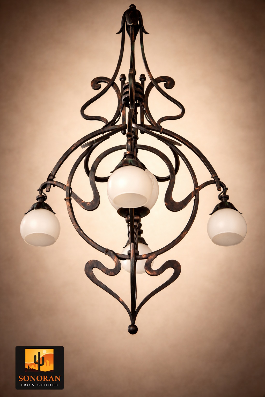Forged Iron Chandelier with Frosted Globes