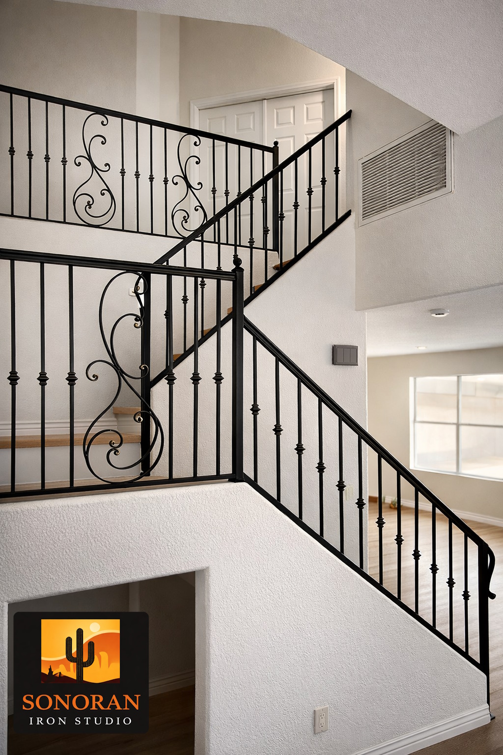 Modern Staircase Railing with Classic Scroll Accents