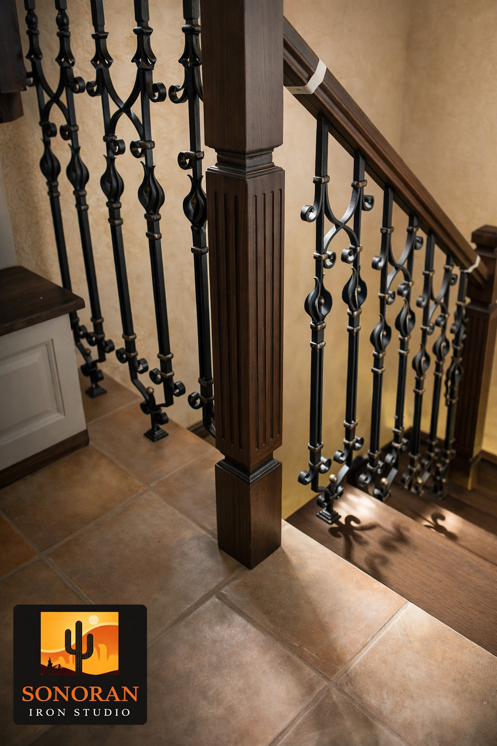 Wrought Iron Stair Railing with Decorative Scrollwork