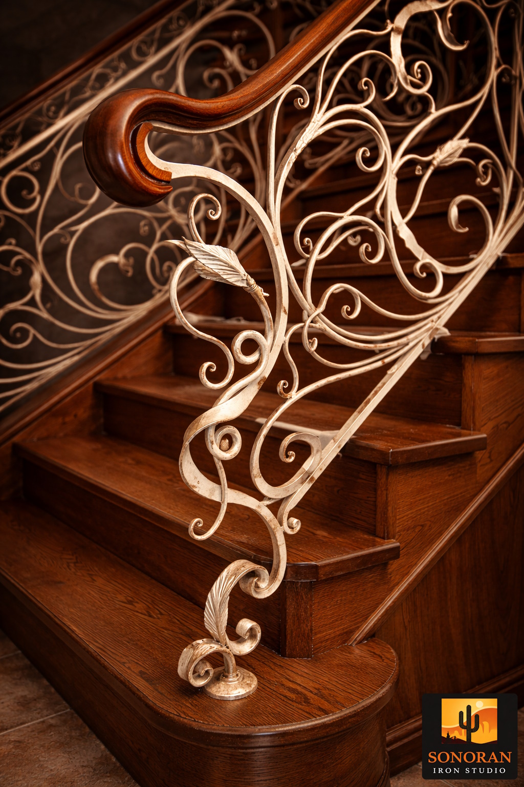 Artisan Bronze Stair Railing with Floral Scrollwork